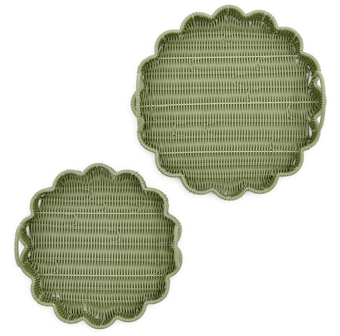 All Weather Wicker Scalloped Edge Green Round Serving Tray, 2 Sizes