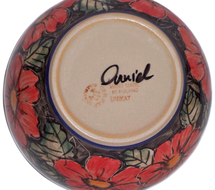 Boleslawiec Polish Pottery UNIKAT Pasta or Soup Serving Bowl "Red Garden"