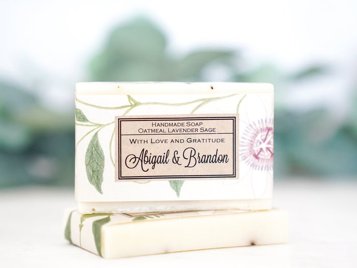 passionflower pink green and cream vintage botanical line drawing Custom Soap Favors for Shower - Little Flower Soap Co