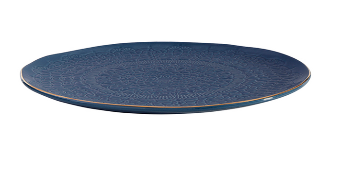 Gold Rim Stamped Ceramic Platter -Teal Blue