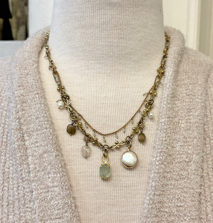 Double Strand Aquamarine & Pearl Charm Necklace