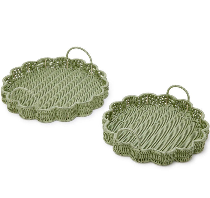 All Weather Wicker Scalloped Edge Green Round Serving Tray, 2 Sizes