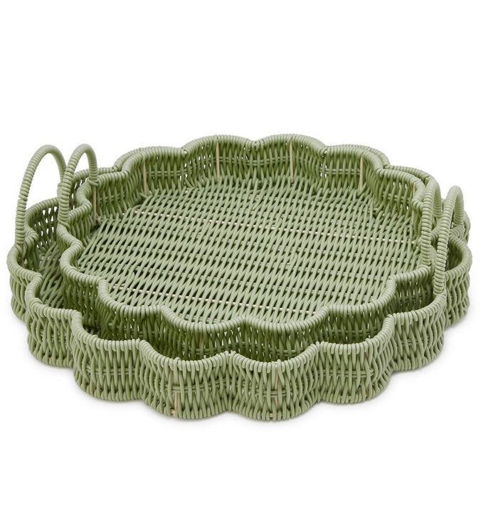 All Weather Wicker Scalloped Edge Green Round Serving Tray, 2 Sizes