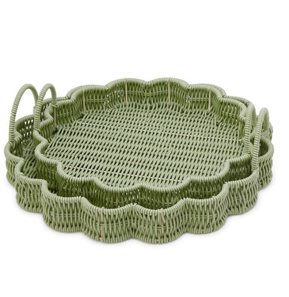 All Weather Wicker Scalloped Edge Green Round Serving Tray, 2 Sizes