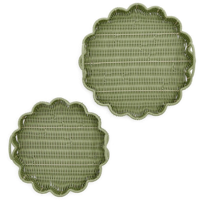 All Weather Wicker Scalloped Edge Green Round Serving Tray, 2 Sizes