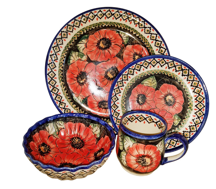 Boleslawiec Polish Pottery UNIKAT 4 Pcs Place Setting "Red Garden"