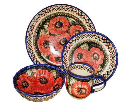 Boleslawiec Polish Pottery UNIKAT 4 Pcs Place Setting "Red Garden"