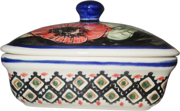 Boleslawiec Polish Pottery UNIKAT Butter Dish, Serving or Storage Box "Red Garden"