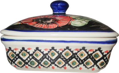 Boleslawiec Polish Pottery UNIKAT Butter Dish, Serving or Storage Box "Red Garden"