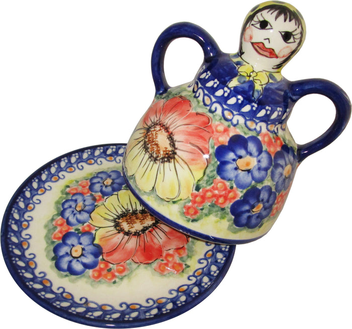 Boleslawiec Polish Pottery UNIKAT Cheese Lady Butter Dish "Flower Field"