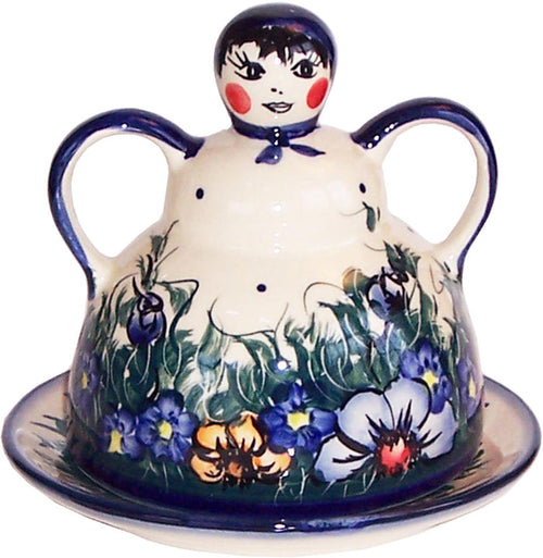Boleslawiec Polish Pottery UNIKAT Cheese Lady Butter Dish Garlic Baker "Wild Field"