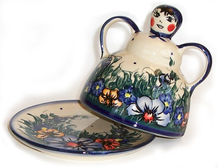Boleslawiec Polish Pottery UNIKAT Cheese Lady Butter Dish Garlic Baker "Wild Field"