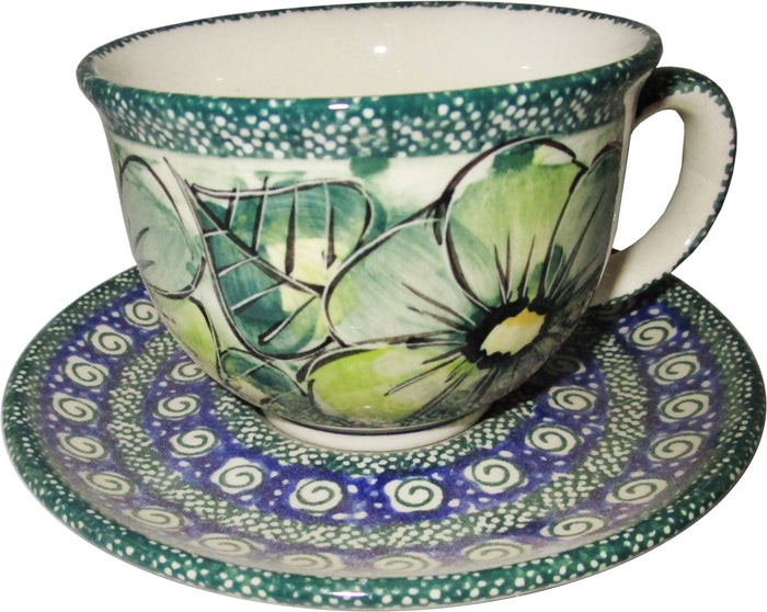 Boleslawiec Polish Pottery UNIKAT Cup and Saucer "Green Garden"