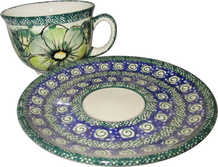 Boleslawiec Polish Pottery UNIKAT Cup and Saucer "Green Garden"