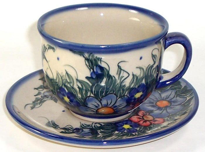 Boleslawiec Polish Pottery UNIKAT Cup and Saucer "Wild Field"