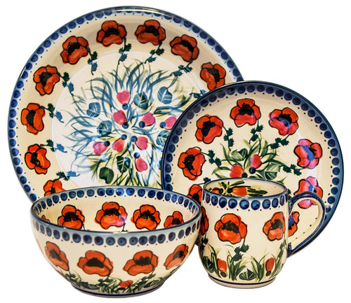 Boleslawiec Polish Pottery UNIKAT Dinnerware 4 Pcs Place Setting "Poppy Field"