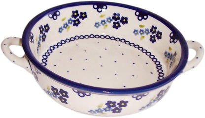 Boleslawiec Polish Pottery UNIKAT Round Baker with Handles "Forget Me Not"