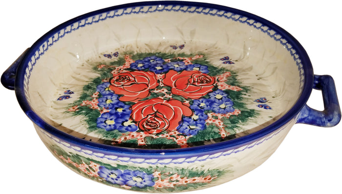 Boleslawiec Polish Pottery UNIKAT Round Baker with Handles "Wild Roses"