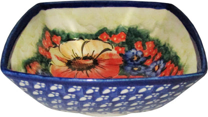 Boleslawiec Polish Pottery Unikat Serving or Ice Cream Square Bowl "Flower Field"