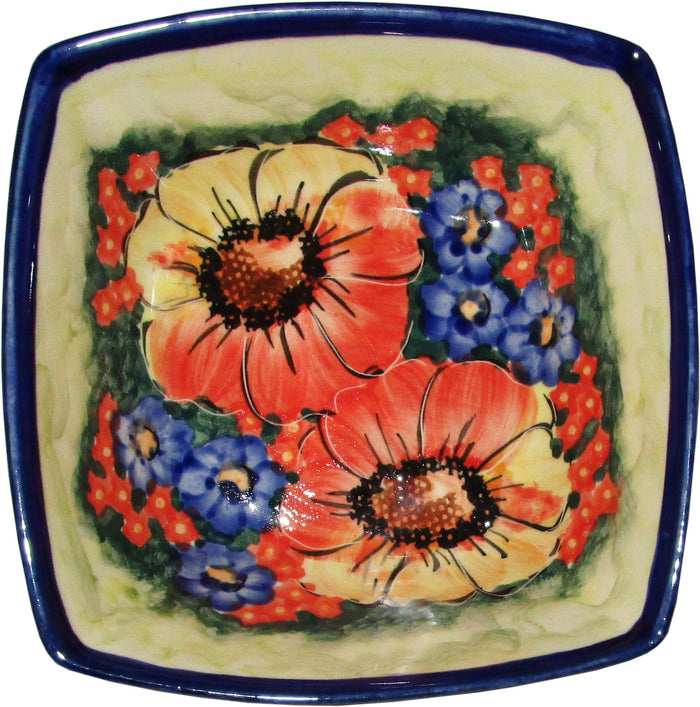 Boleslawiec Polish Pottery Unikat Serving or Ice Cream Square Bowl "Flower Field"