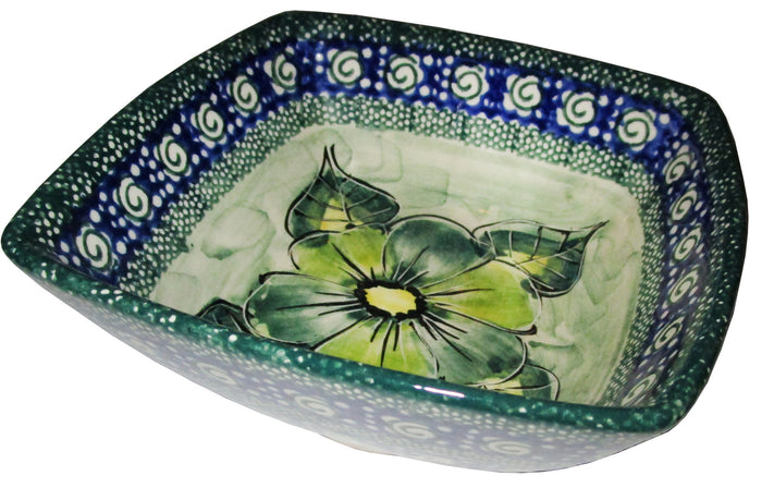 Boleslawiec Polish Pottery Unikat Serving or Ice Cream Square Bowl "Green Garden"