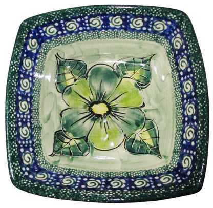 Boleslawiec Polish Pottery Unikat Serving or Ice Cream Square Bowl "Green Garden"