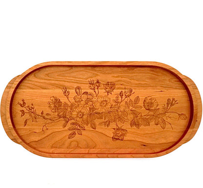 Cherry Wood Oval Serving Tray, Wild Roses