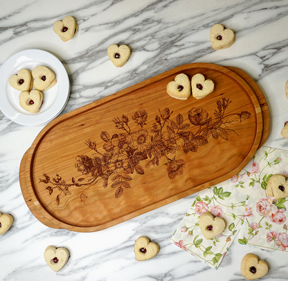 Cherry Wood Oval Serving Tray, Wild Roses