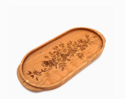 Cherry Wood Oval Serving Tray, Wild Roses