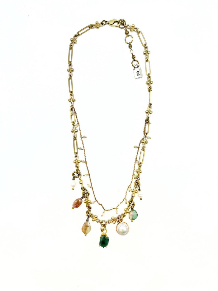 Double Strand Aquamarine & Pearl Charm Necklace
