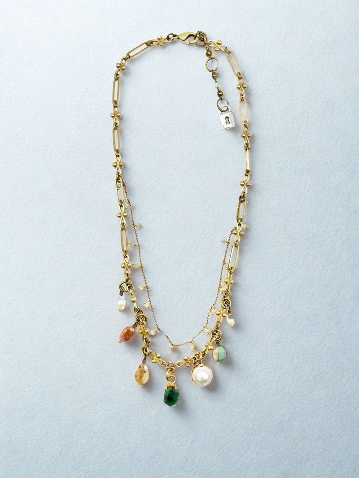 Double Strand Aquamarine & Pearl Charm Necklace