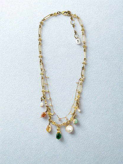 Double Strand Aquamarine & Pearl Charm Necklace