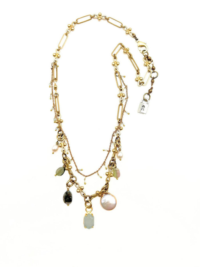 Double Strand Aquamarine & Pearl Charm Necklace