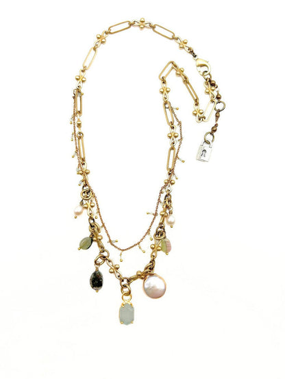 Double Strand Aquamarine & Pearl Charm Necklace