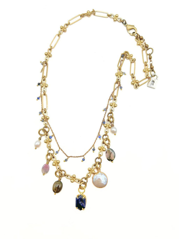 Double Strand Aquamarine & Pearl Charm Necklace