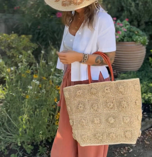 Flower Power Crochet Straw Basket Bag