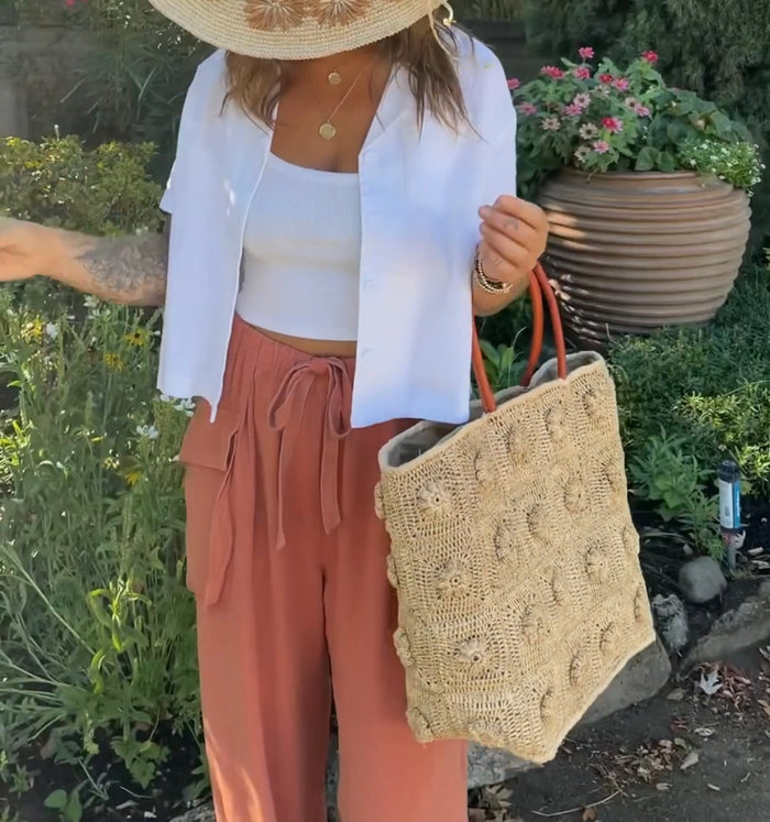 Flower Power Crochet Straw Basket Bag