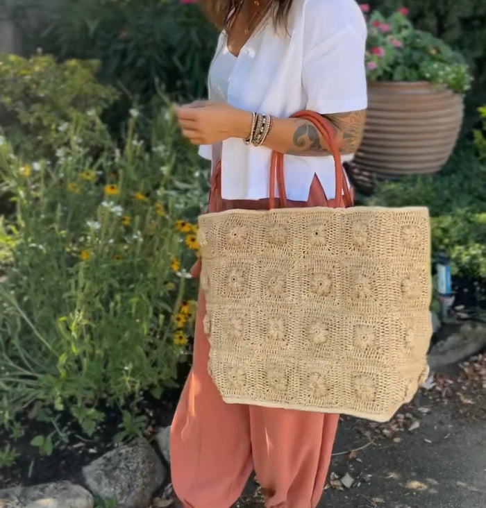 Flower Power Crochet Straw Basket Bag