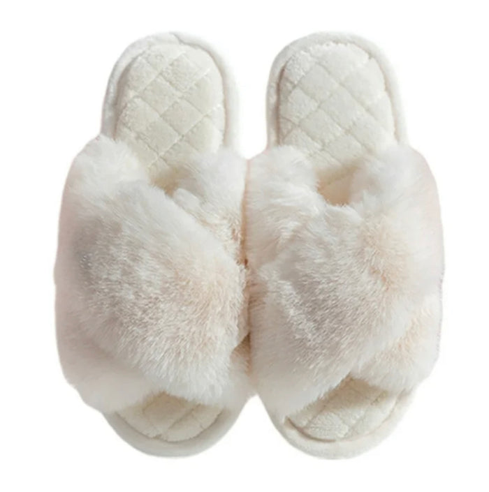 Fluffy Faux Fur Slippers, Ivory