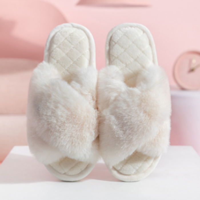 Fluffy Faux Fur Slippers, Ivory