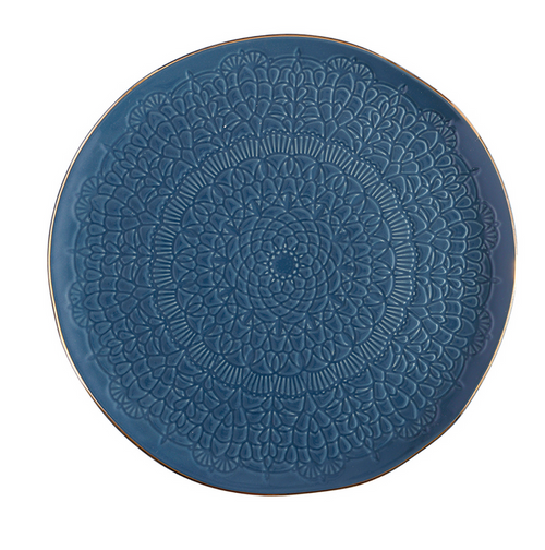 Gold Rim Stamped Ceramic Platter  -Teal Blue
