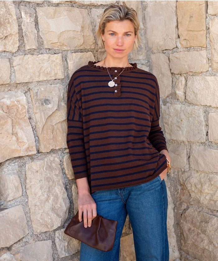 MerSea Catalina Cotton Ruffle Henley, Walnut/Marine