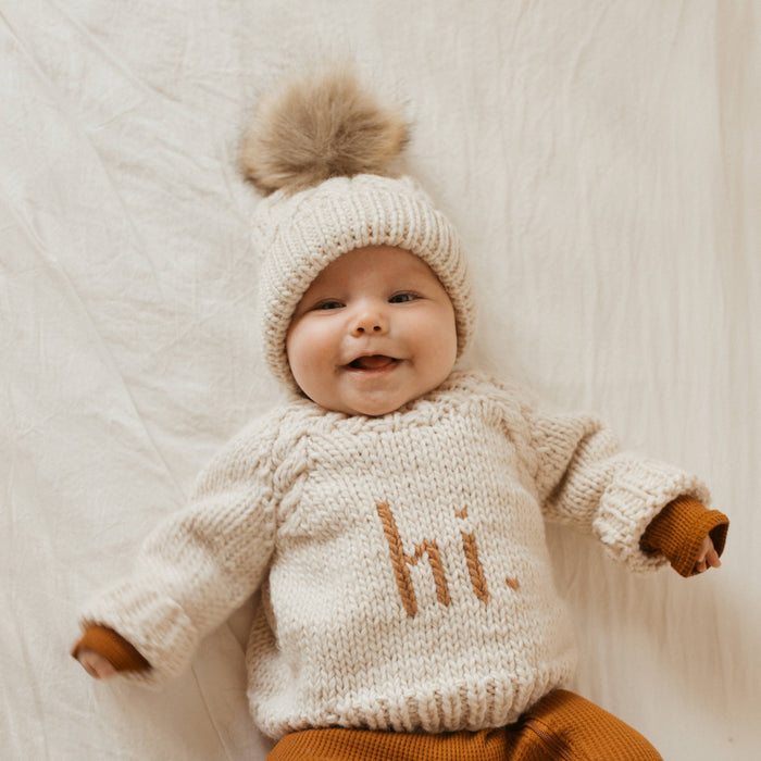 Natural Pop Pom Pom Beanie Hat