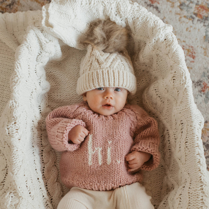 Natural Pop Pom Pom Beanie Hat
