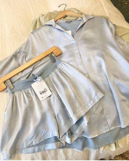 PJ Harlow Fran Satin Top with Collar (Morning Blue, Pearl)