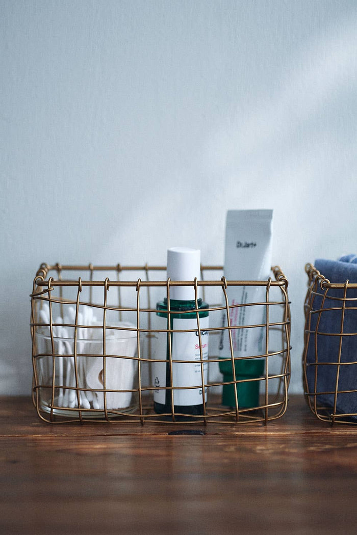 Rustic Brass Wire Basket – Rectangular Organizer for Kitchen or Bath - Little Flower Soap Co