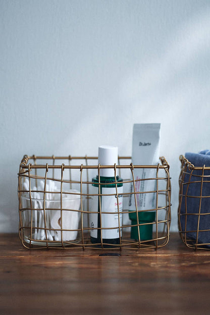 Rustic Brass Wire Basket – Rectangular Organizer for Kitchen or Bath - Little Flower Soap Co