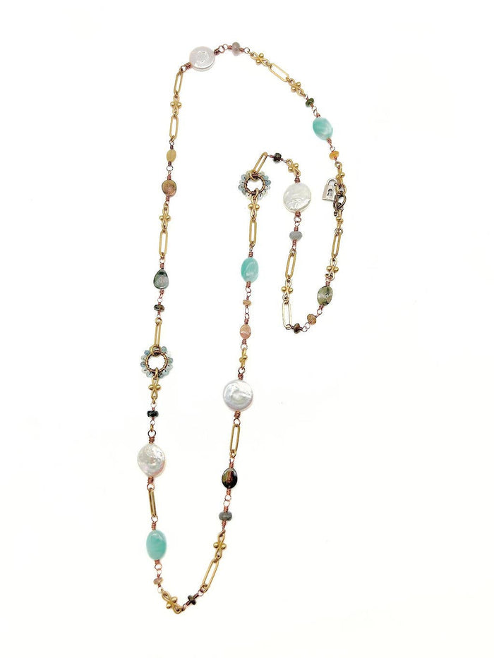 Tourmaline & Pearl Multi Gemstone Long Necklace